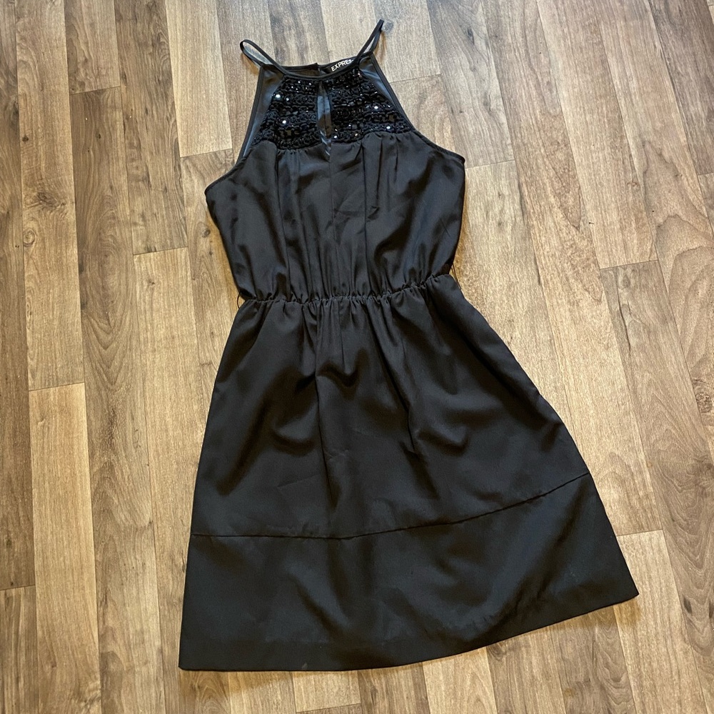Express Black Mini Dress Fit & Flare High Neck XS